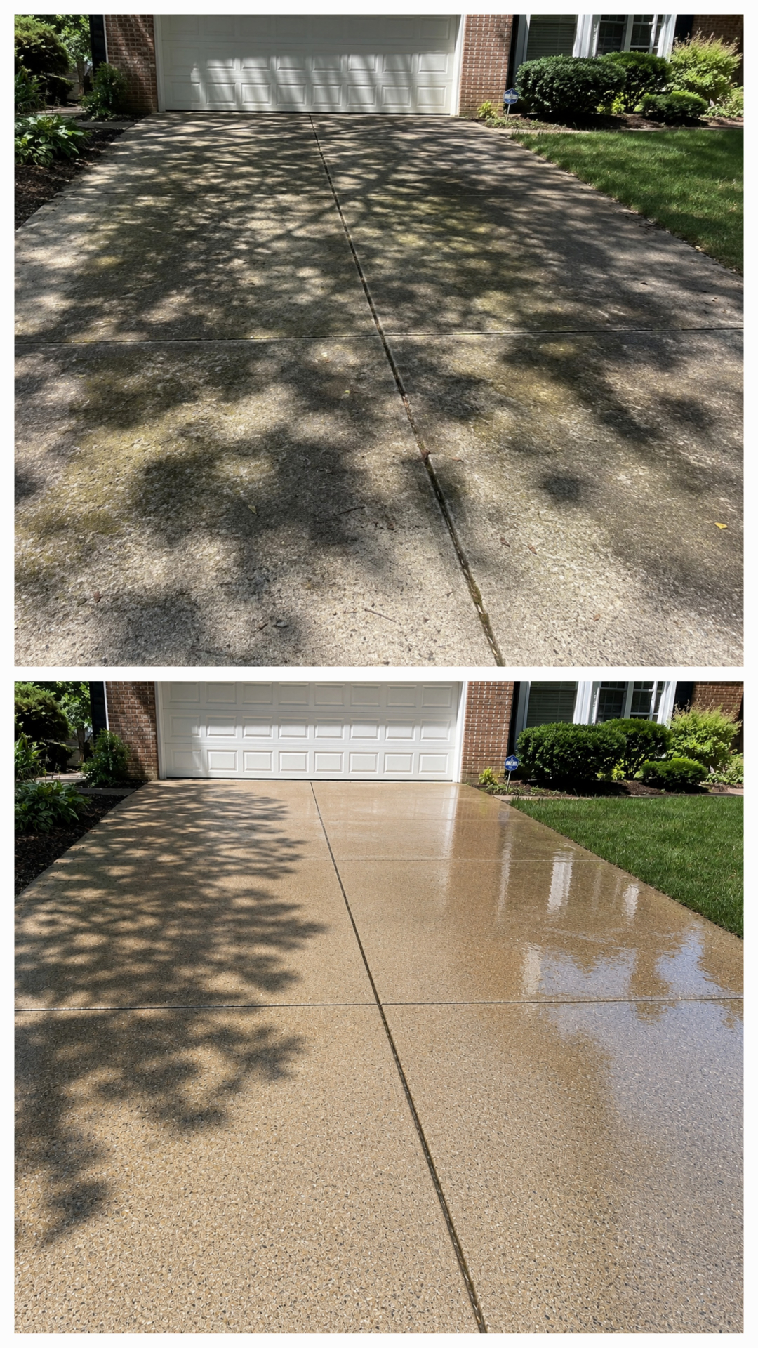 Residential concrete driveway before and after pressure washing